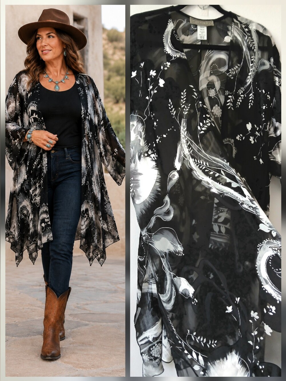 DINAH LEE Black 100% Silk Metallic Abstract Floral Kimono Duster Plus Size OS-3X